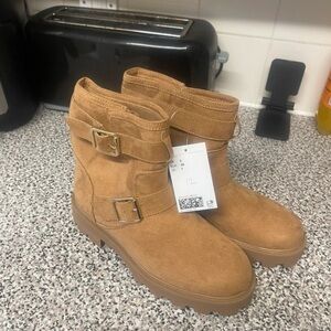 H&M Tan Moto Boots with Buckle Detail